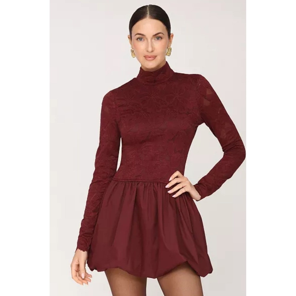Avec Les Filles Mini Dress Women 4 New Burgundy Lace Mock Neck Bubble Hem